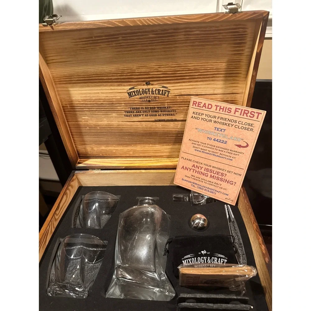 Mixology & Craft Whiskey Set Twisted Decanter‎ Glasses Wood Box Chilling Stones